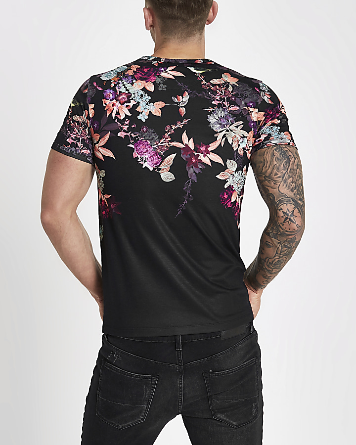 Black muscle fit oriental print T-shirt