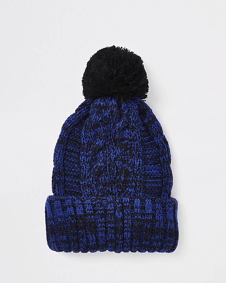 Navy cable knit bobble beanie hat
