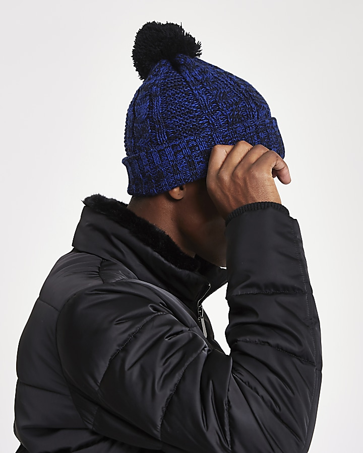 Navy cable knit bobble beanie hat