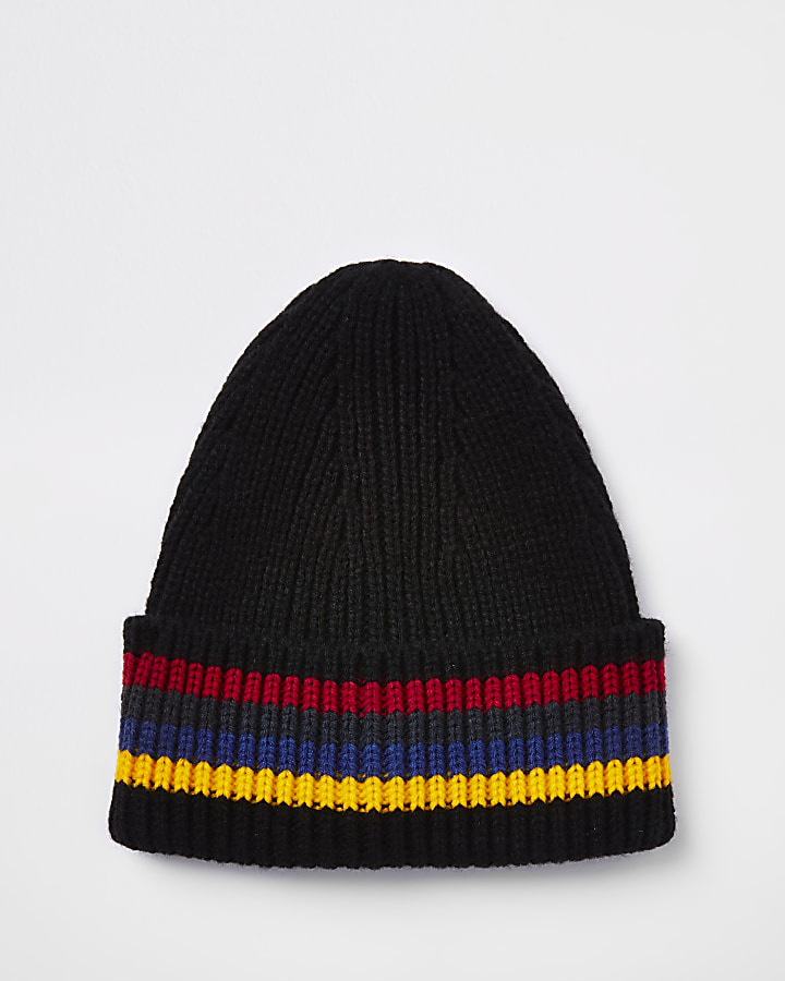 Black stripe fisherman knit beanie hat