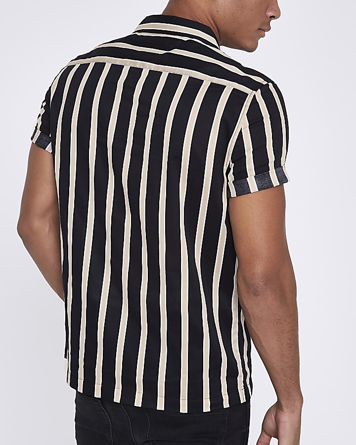 Black twill stripe print short sleeve shirt