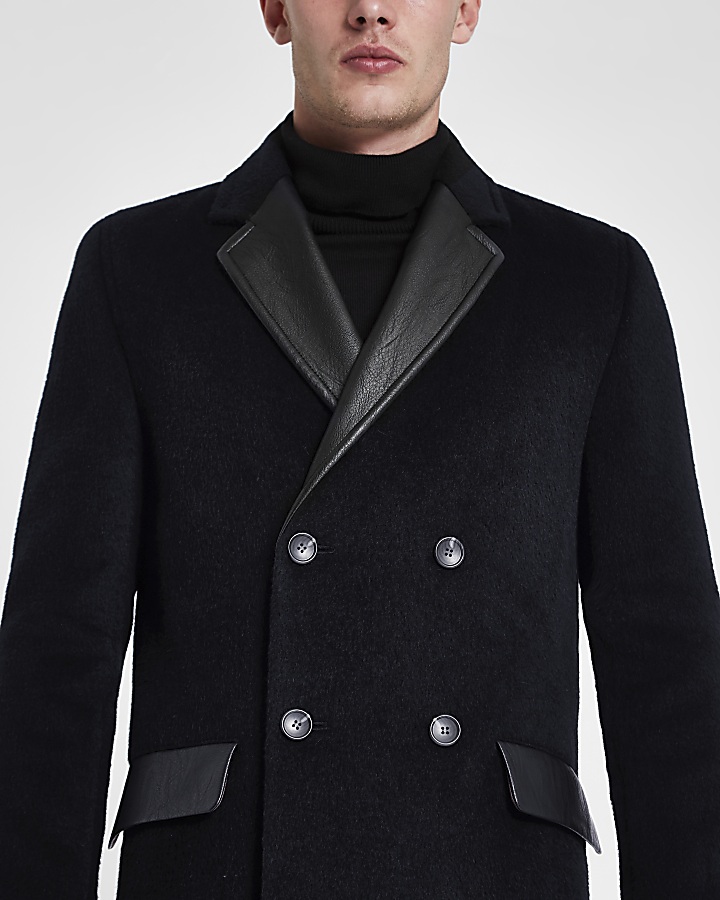 Navy wool blend leather panel longline coat