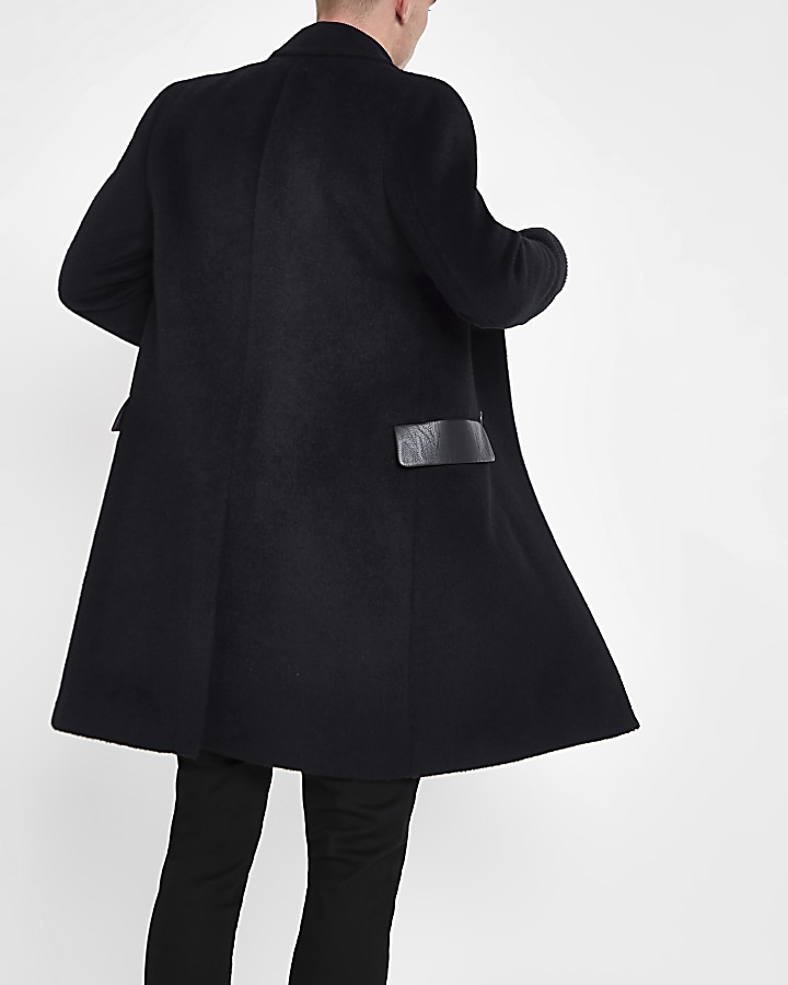 Navy wool blend leather panel longline coat