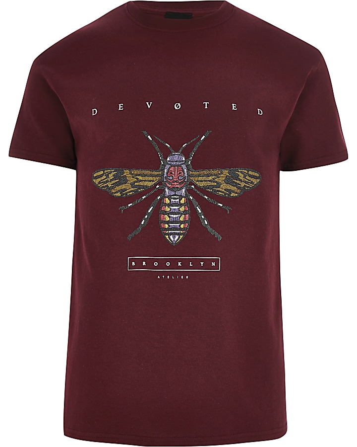 Dark red wasp print short sleeve T-shirt