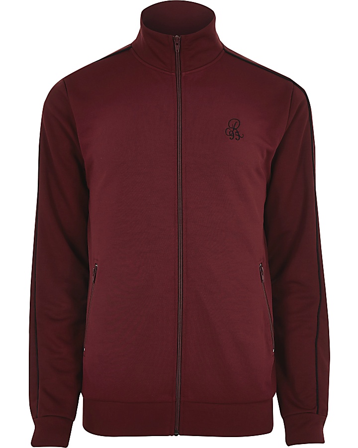 Dark red piped slim fit tracksuit jacket
