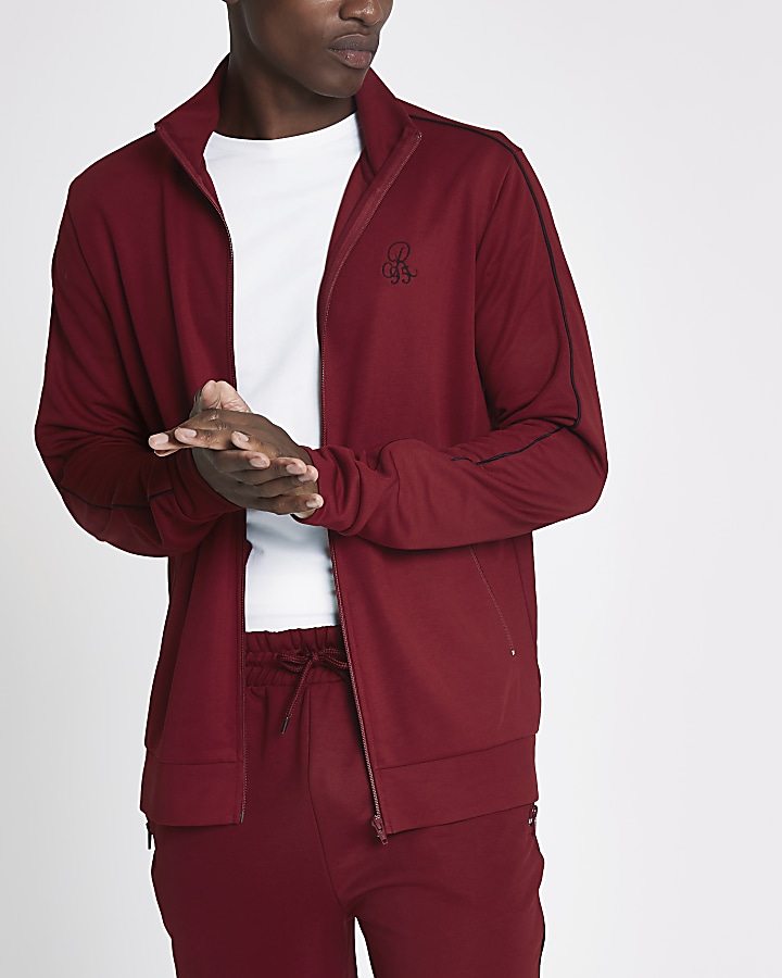 Dark red piped slim fit tracksuit jacket