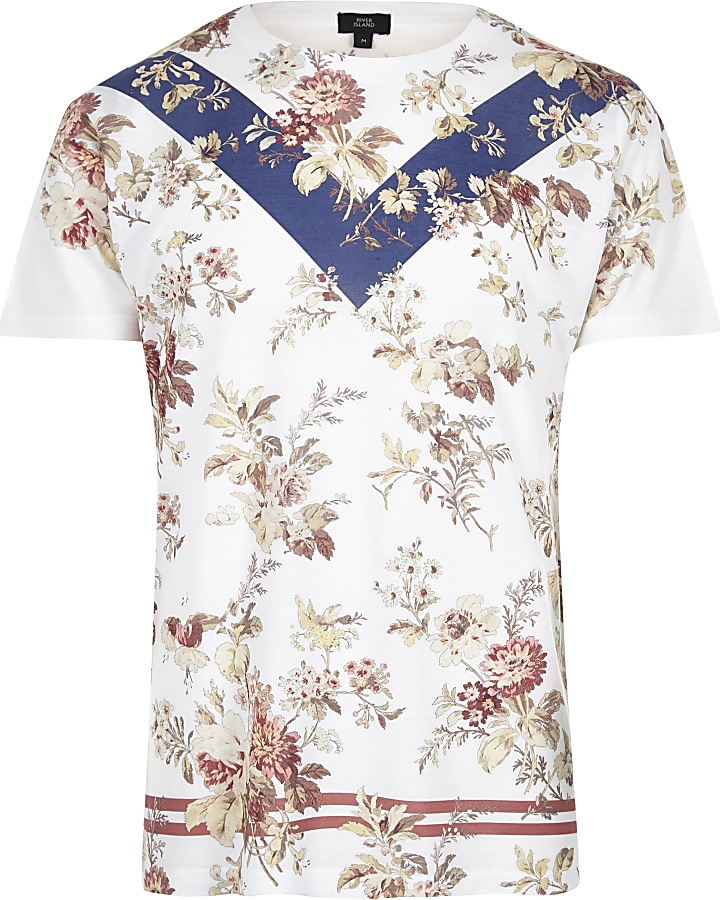 White slim fit mixed print floral T-shirt