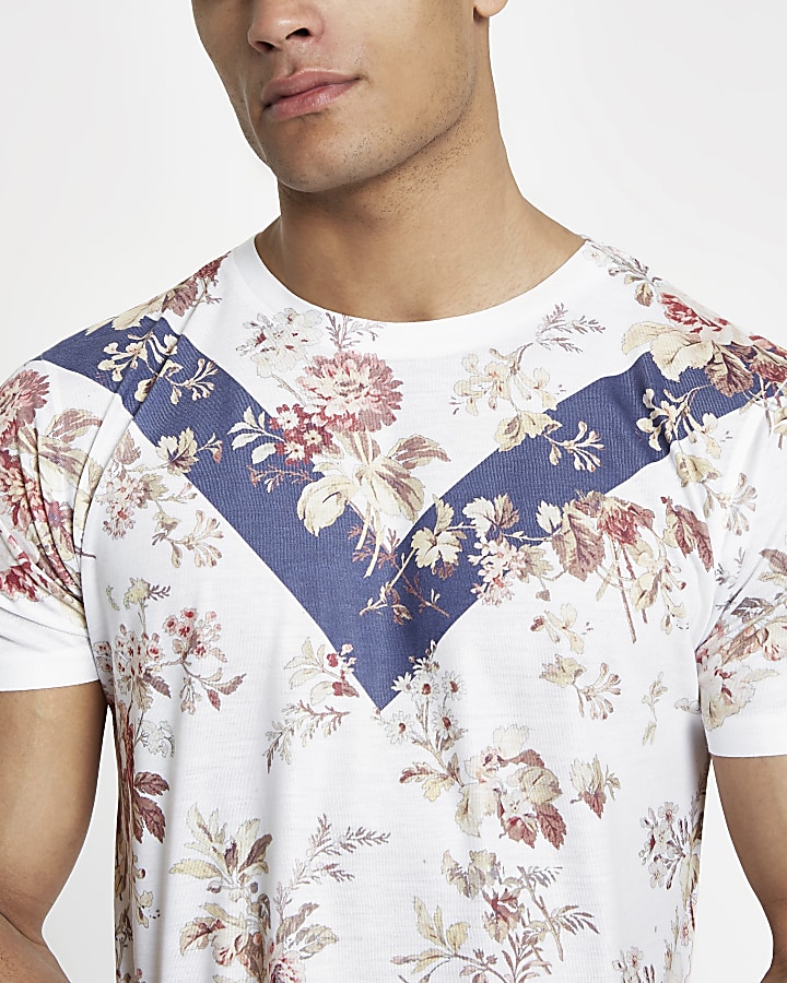 White slim fit mixed print floral T-shirt