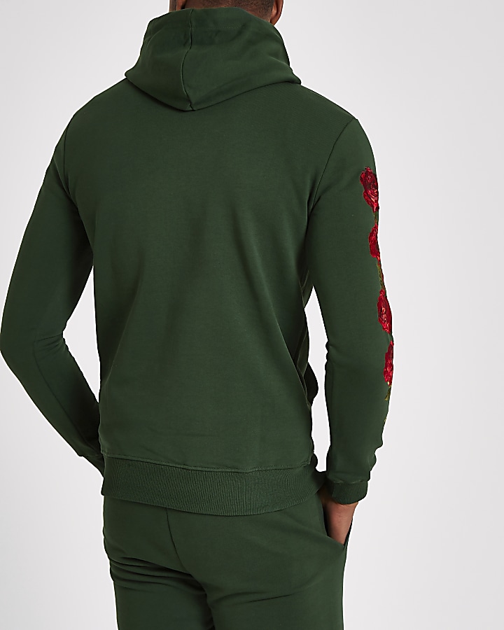 Criminal Damage green rose embroidered hoodie