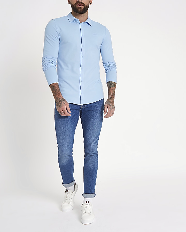 Blue muscle fit long sleeve button-down shirt