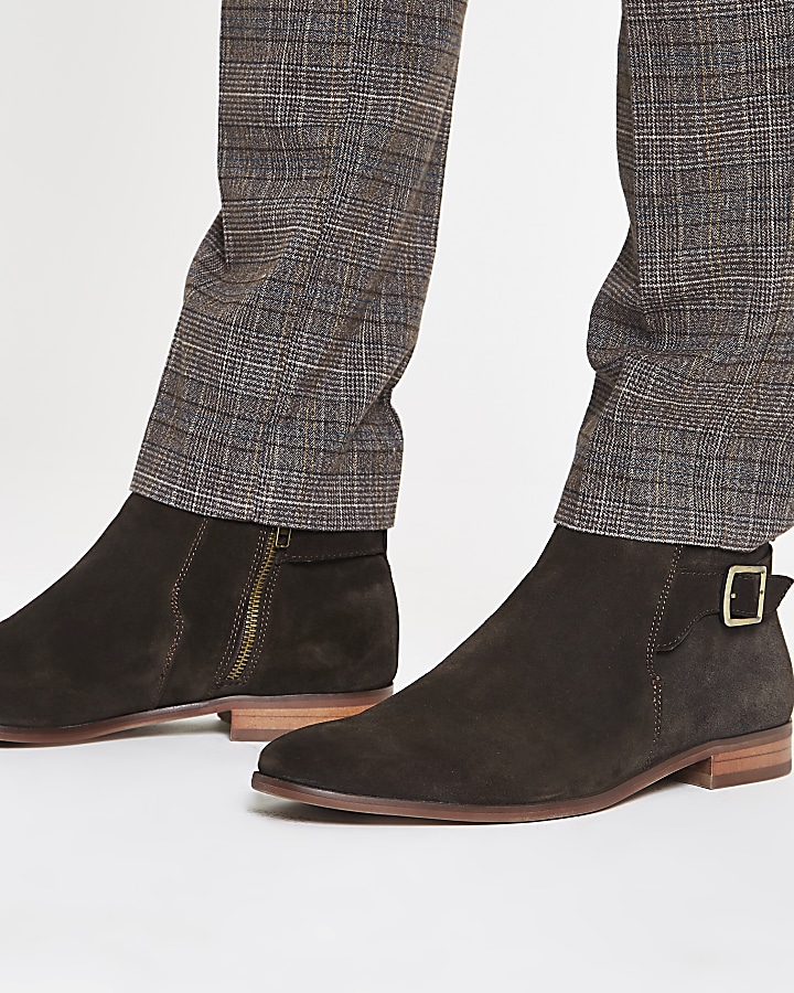 Brown suede buckle chelsea boots