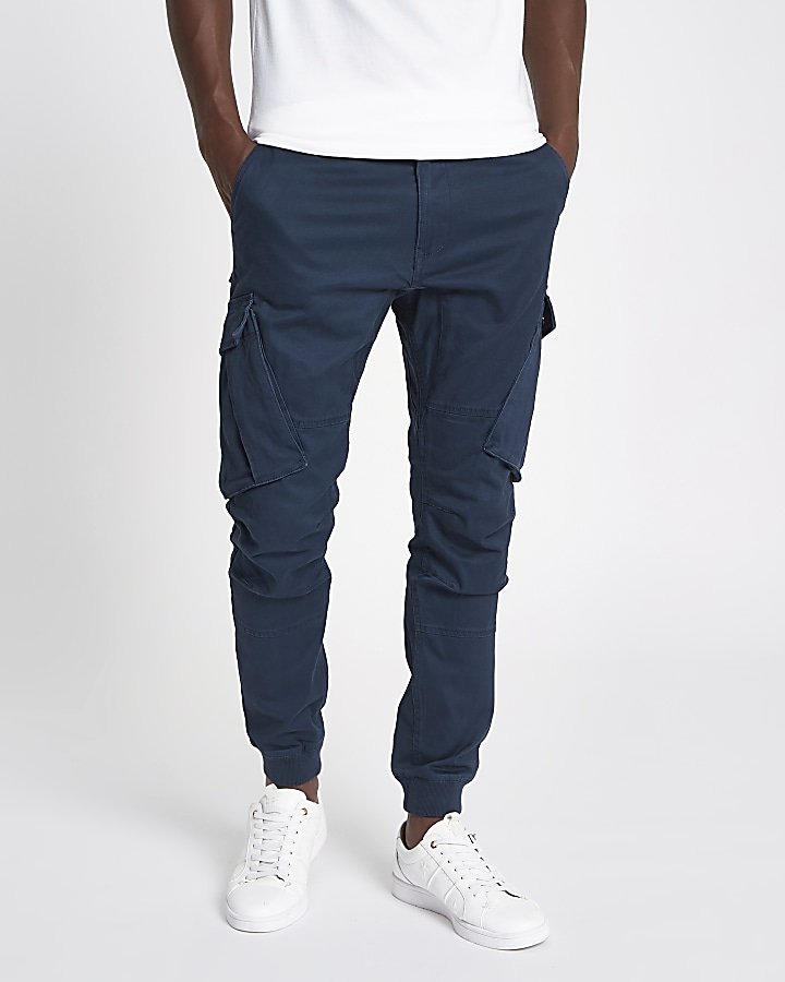 Navy tapered cargo trousers