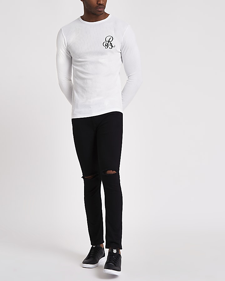 White rib ‘R95’ flock print slim fit T-shirt
