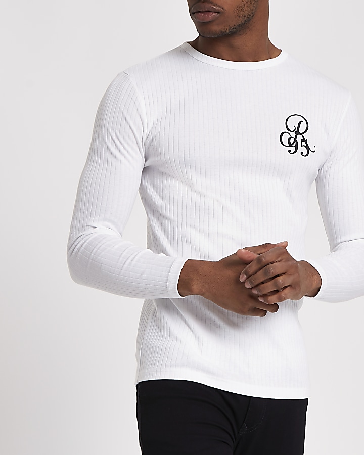 White rib ‘R95’ flock print slim fit T-shirt