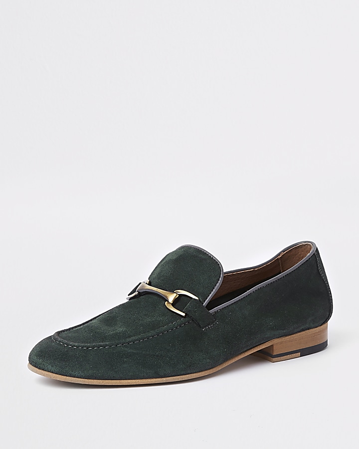 Green suede snaffle loafers