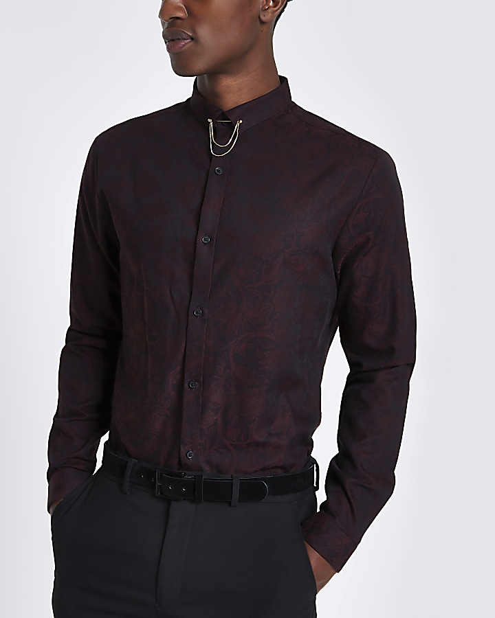 Dark red jacquard printed slim fit shirt