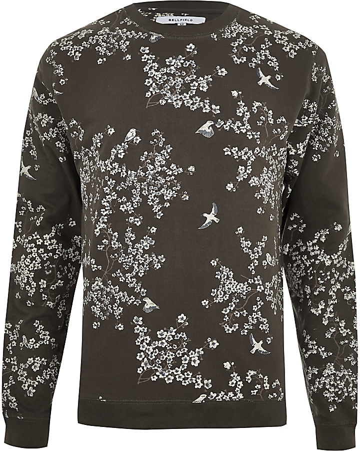 Bellfield brown floral print crew neck jumper