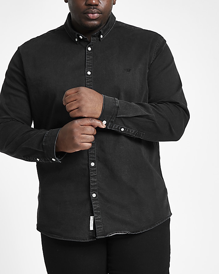 Big and Tall black muscle fit denim shirt