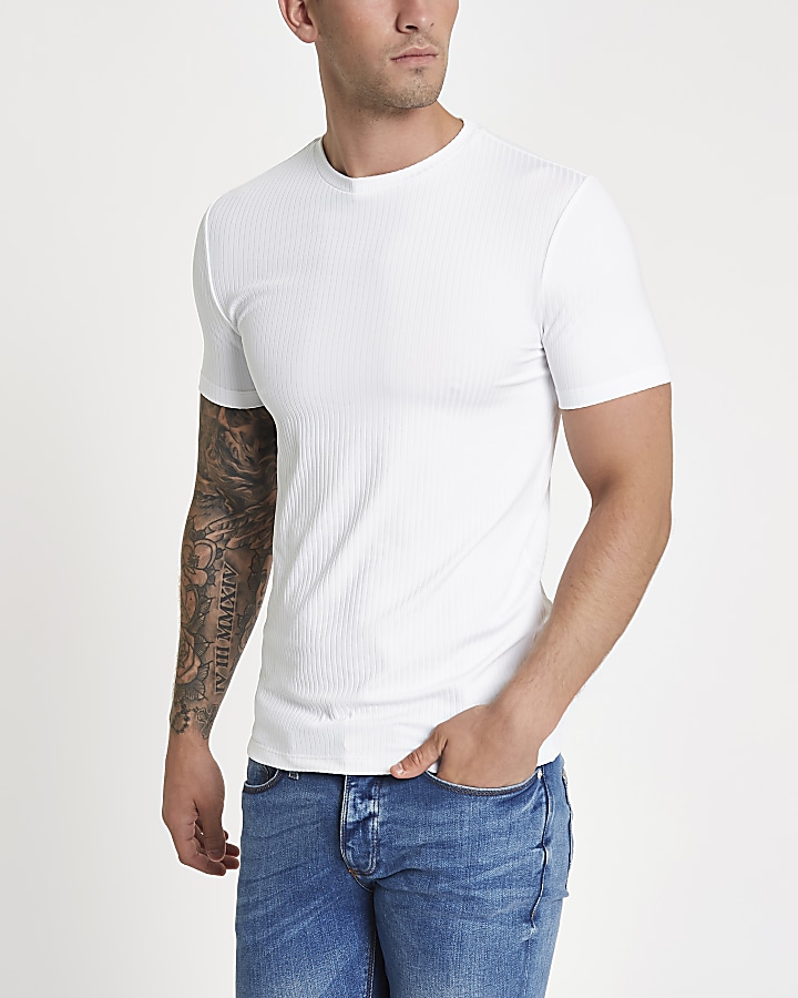 White rib muscle fit short sleeve T-shirt