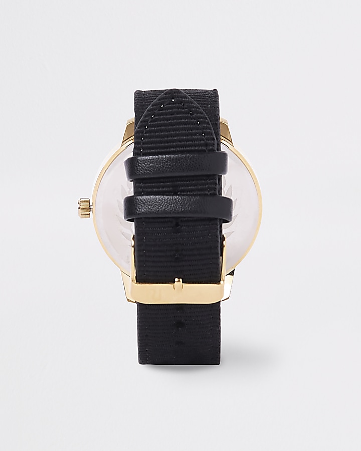 Black and gold tone fabric strap watch