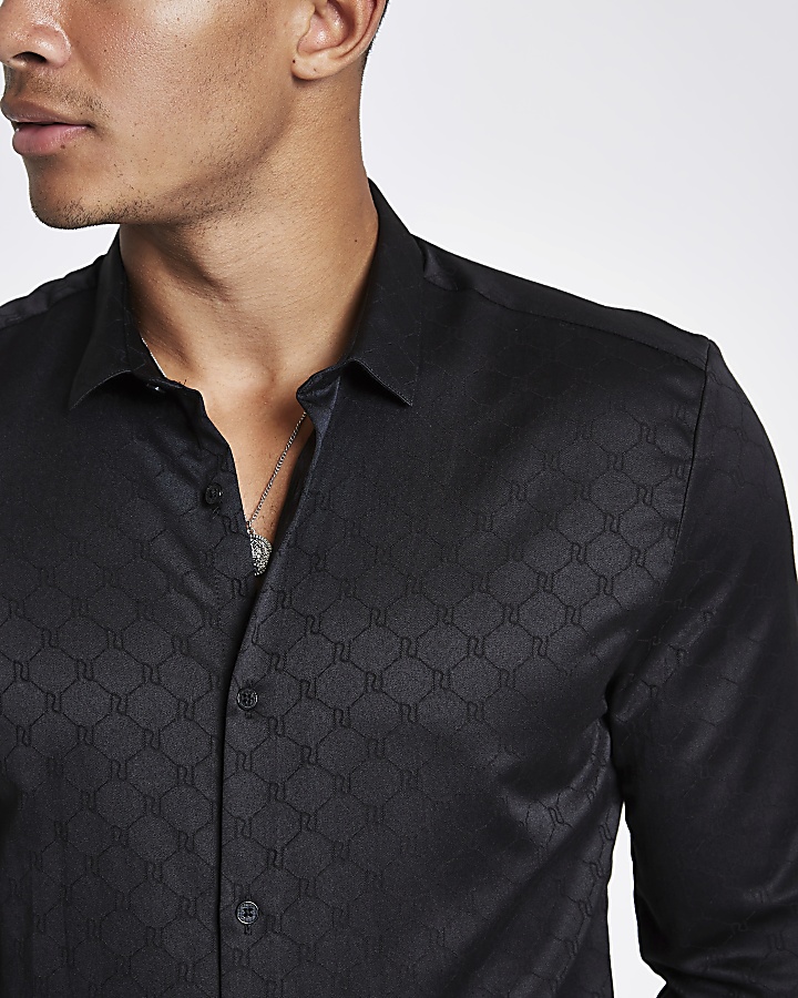 RI 30 black jacquard button-down shirt