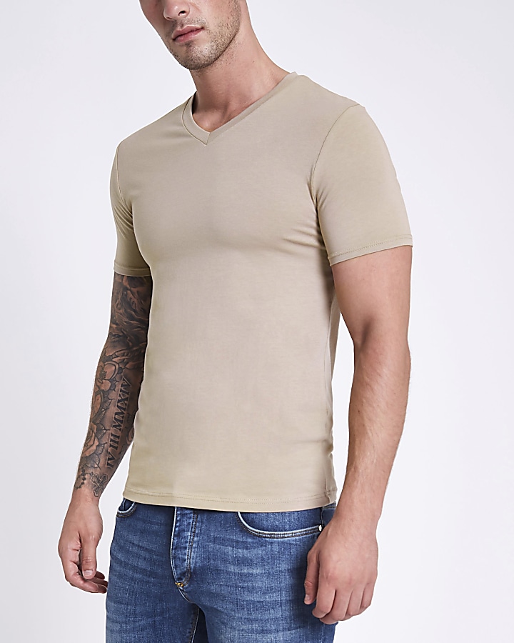 Light brown muscle fit V neck T-shirt