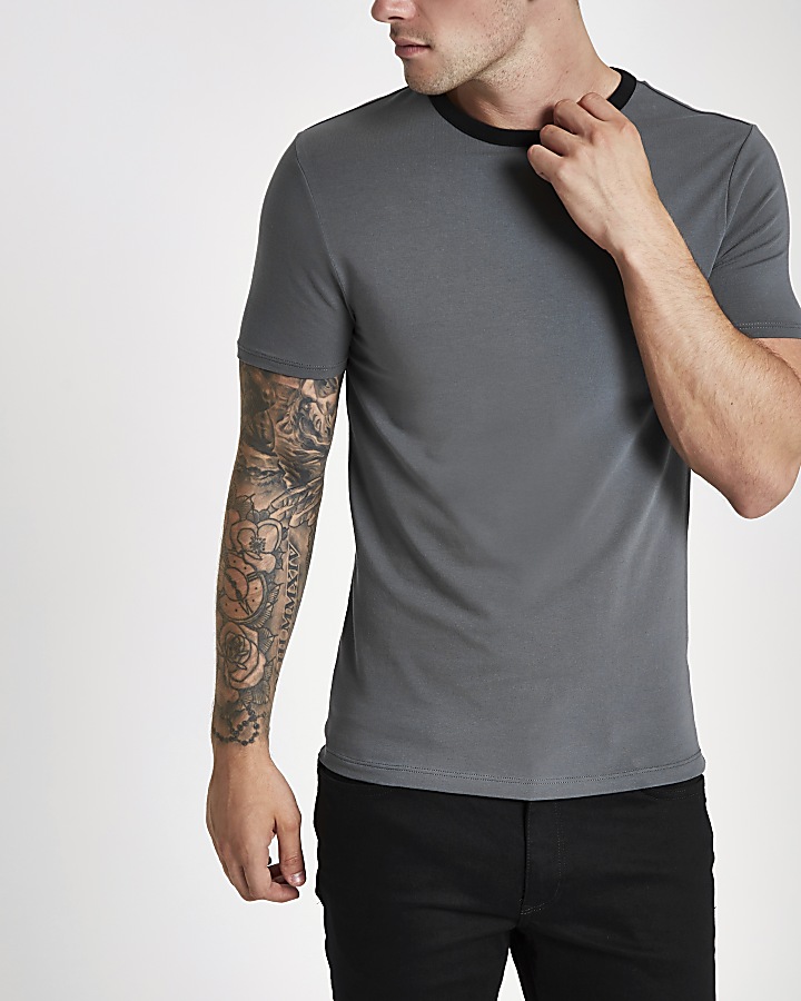 Dark grey ringer muscle fit T-shirt
