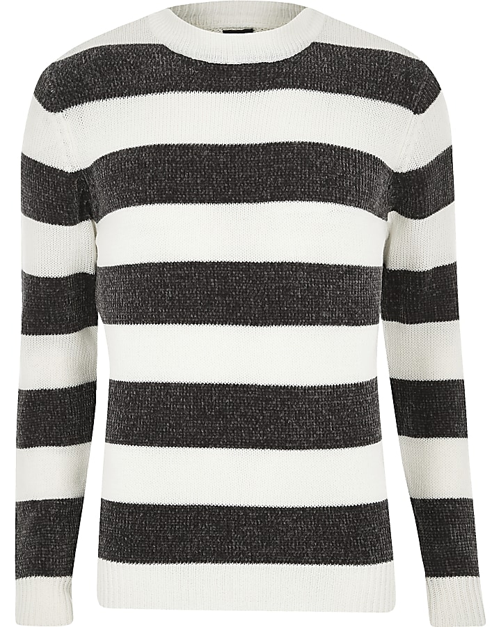 Cream stripe slim fit chenille knit jumper