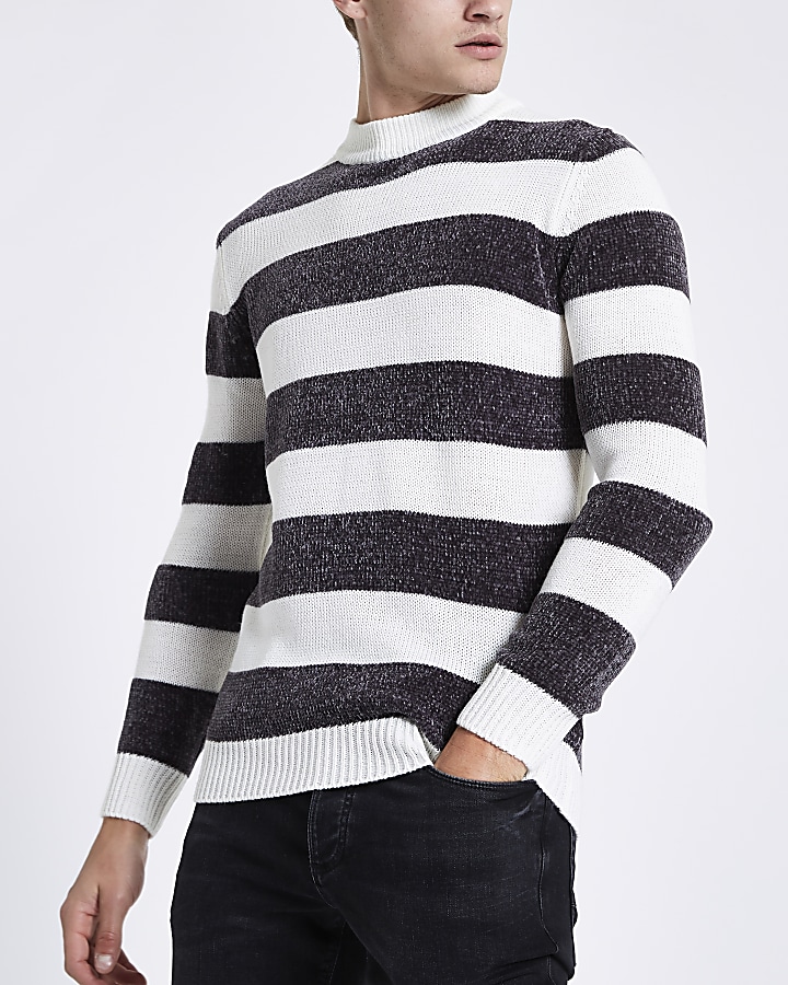 Cream stripe slim fit chenille knit jumper
