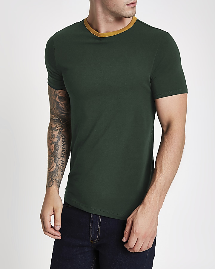 Dark green ringer muscle fit T-shirt