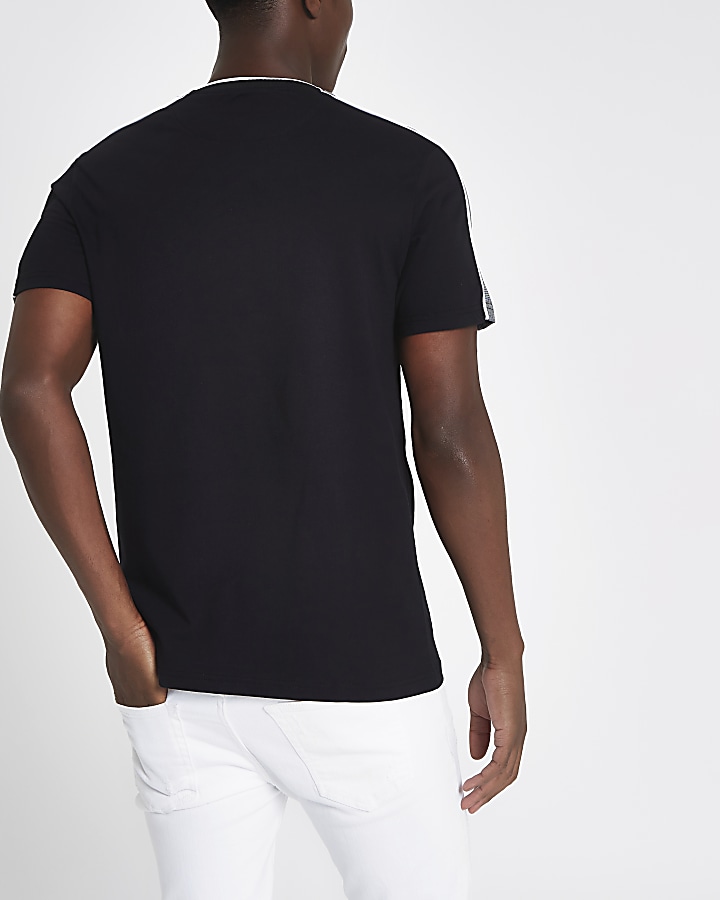 Black check panel crew neck slim fit T-shirt