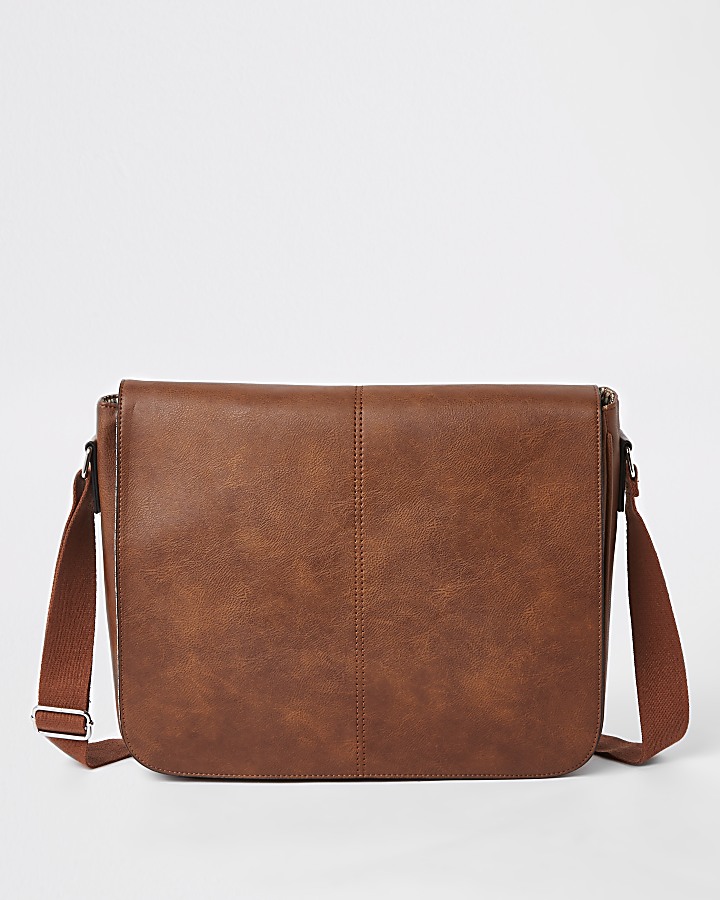 Brown faux leather flapover satchel bag