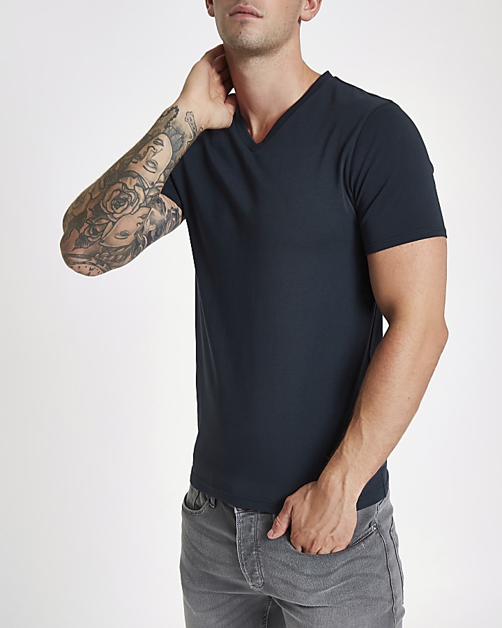 Navy muscle fit V neck T-shirt