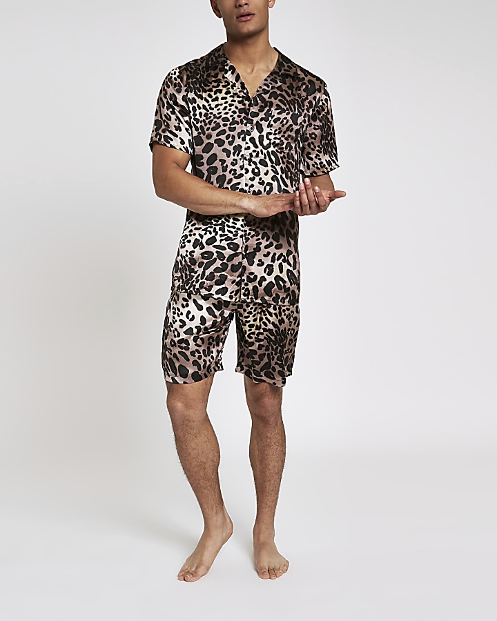 Brown sateen leopard print pyjama set