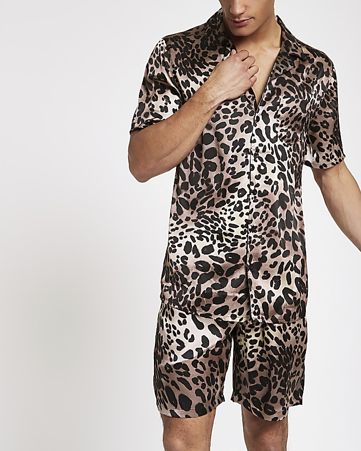 Brown sateen leopard print pyjama set
