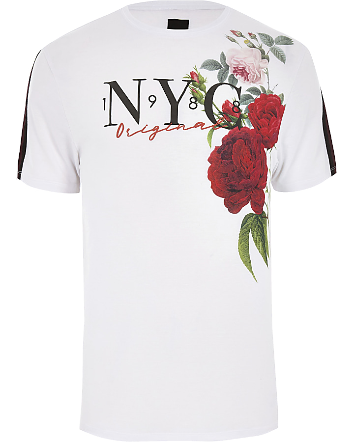 White floral slim fit tape T-shirt