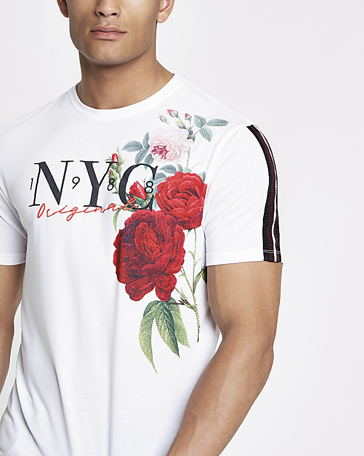 White floral slim fit tape T-shirt