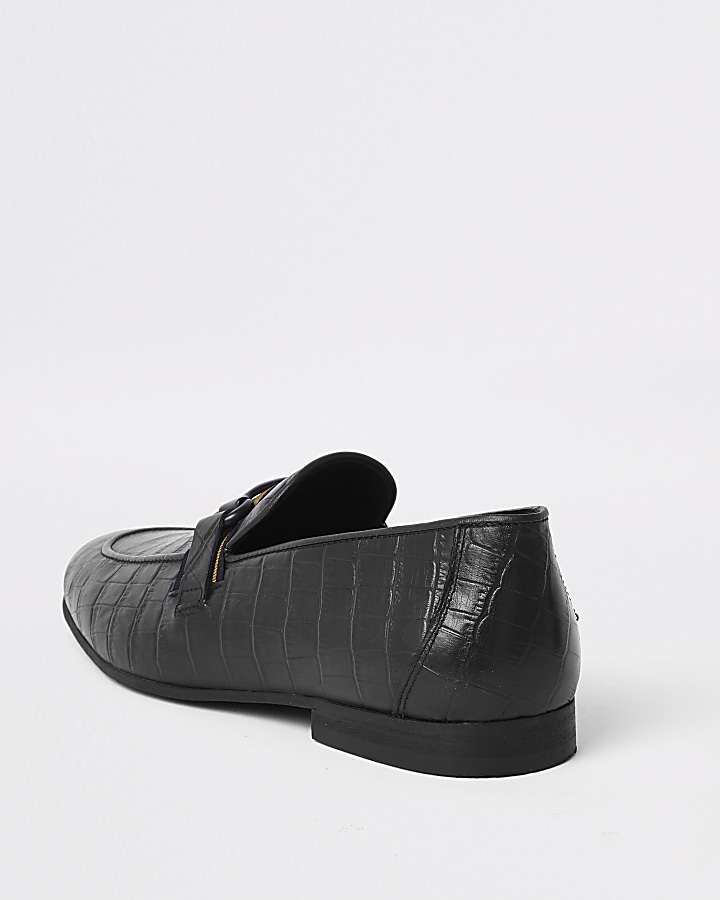 Black croc embossed tape leather slim loafer