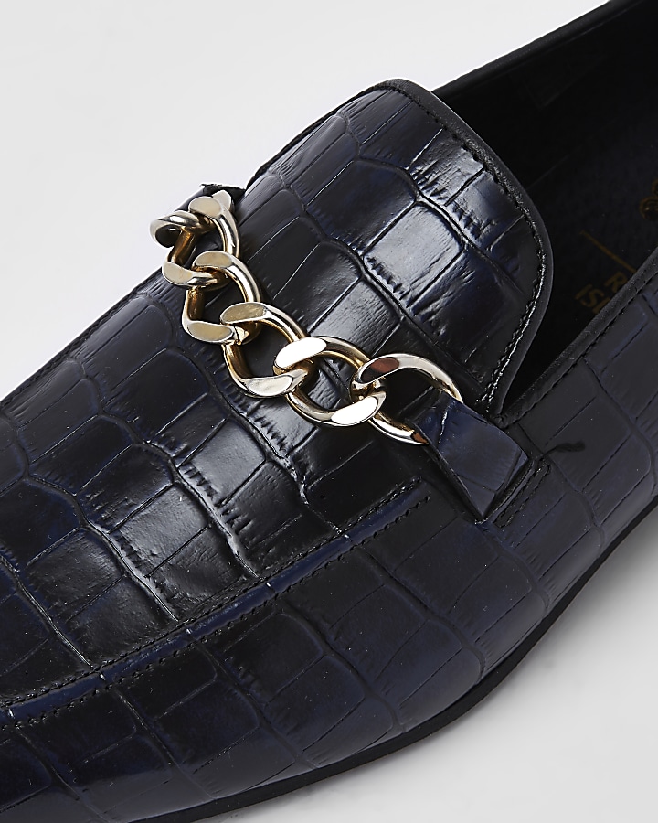 Navy high shine leather croc embossed loafers