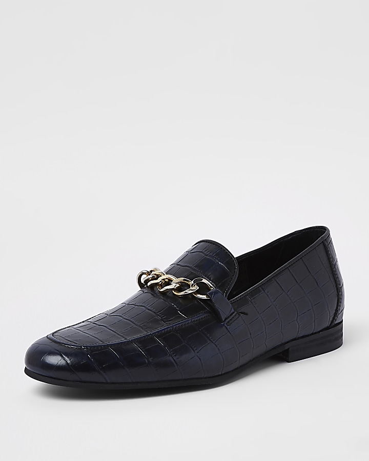 Navy high shine leather croc embossed loafers