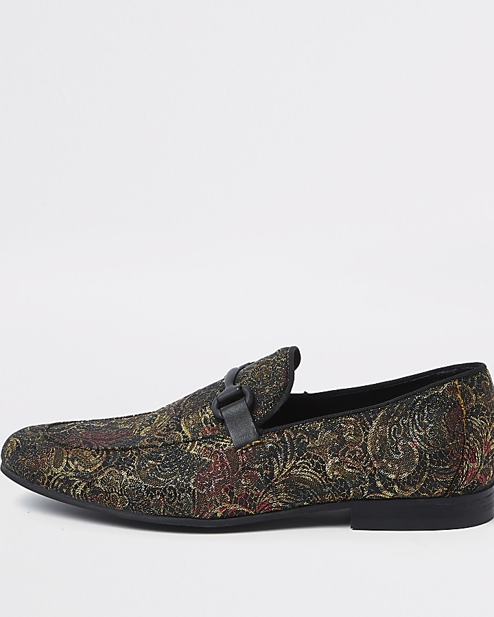 Gold tone jacquard snaffle loafers
