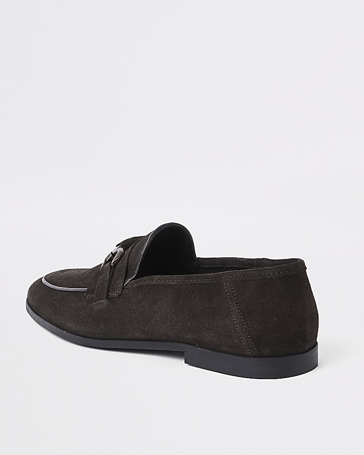 Dark brown suede covered snaffle loafers