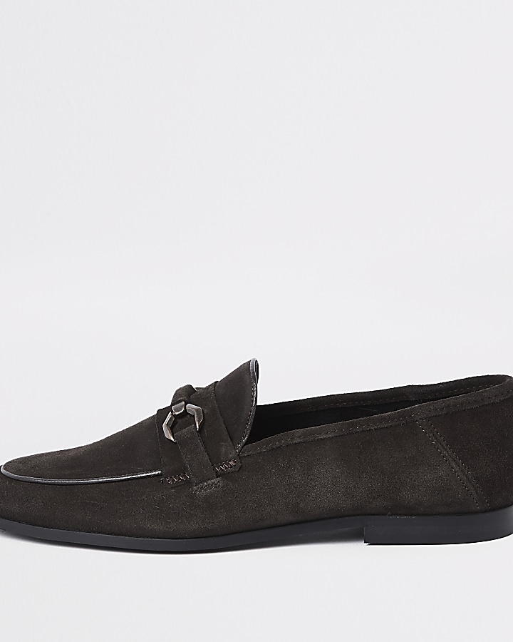 Dark brown suede covered snaffle loafers