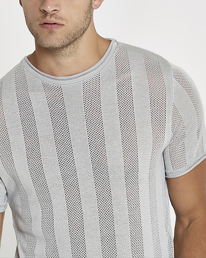 Light grey mesh stripe slim fit T-shirt