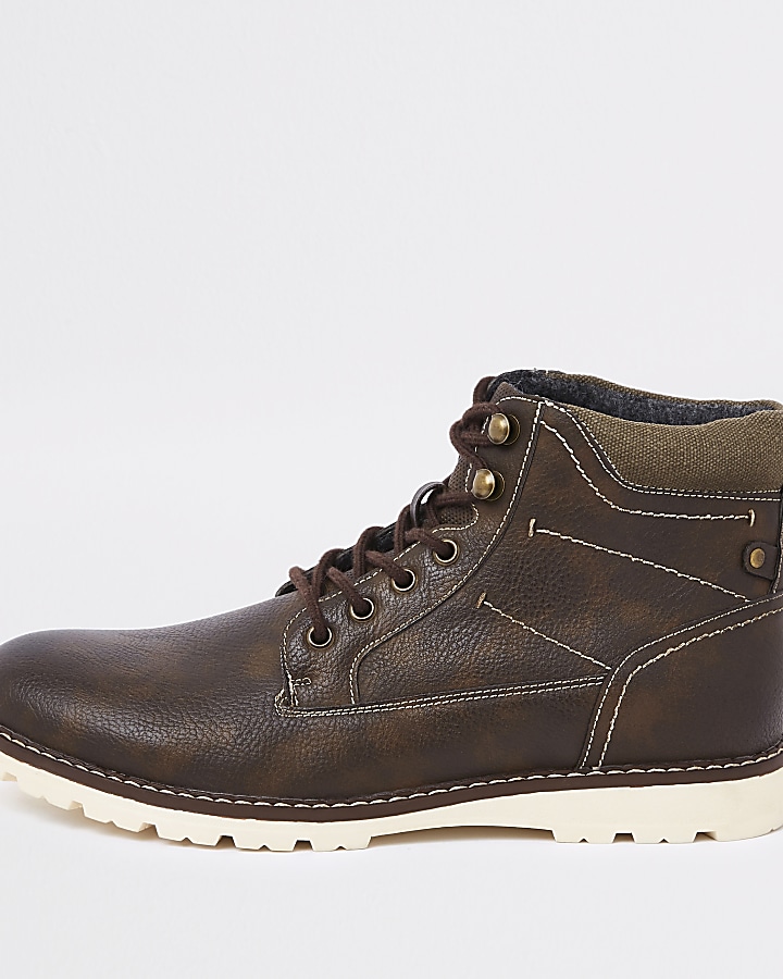 Dark brown faux leather lace-up boots