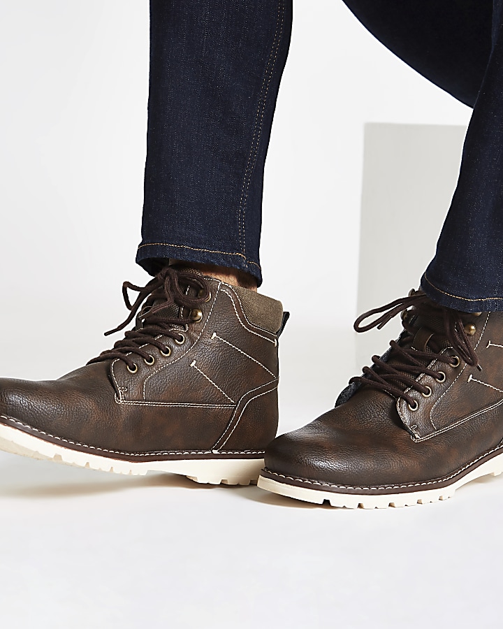 Dark brown faux leather lace-up boots