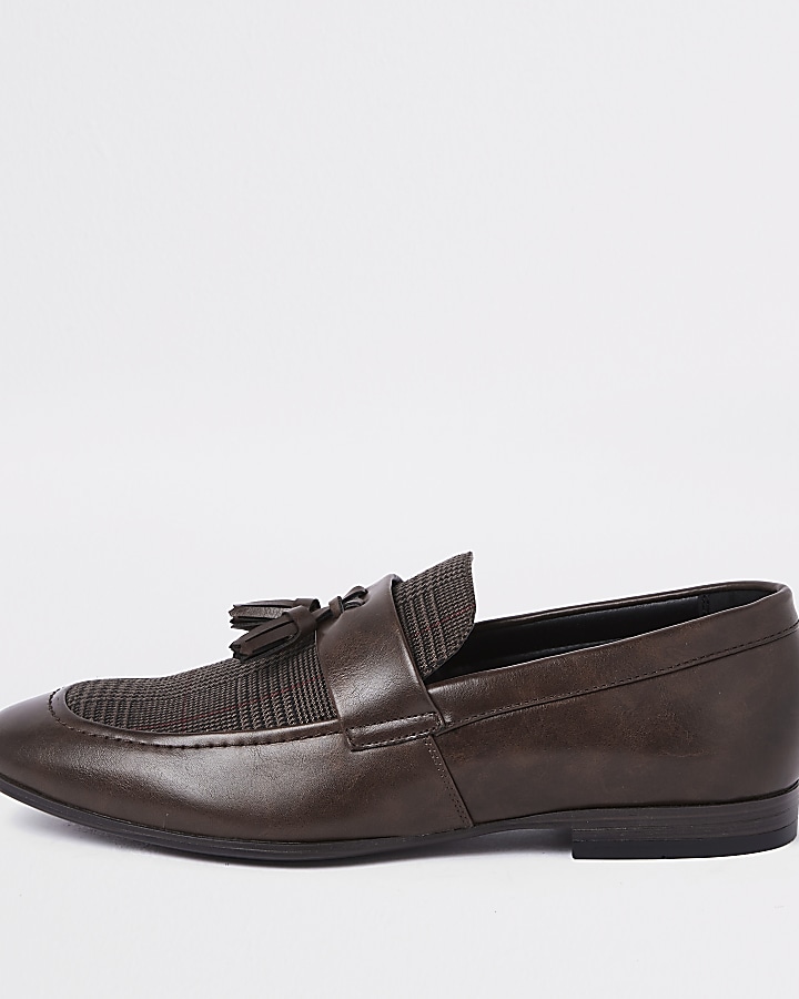 Brown check print tassel loafers