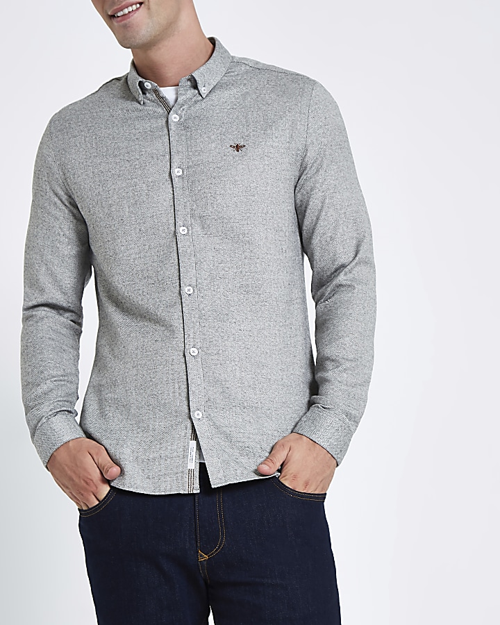 Grey herringbone wasp button-down shirt