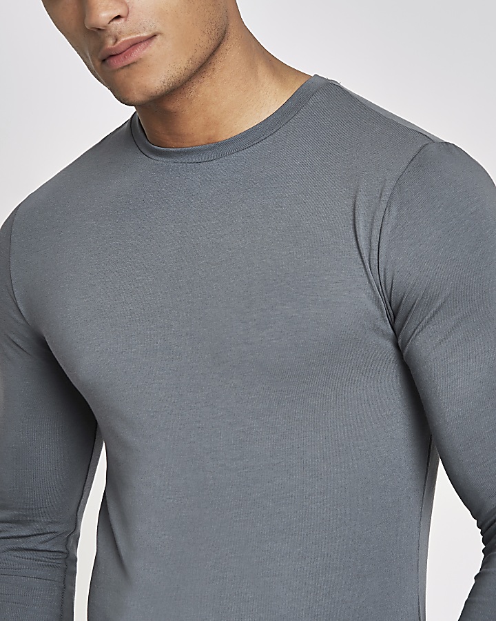 Dark grey muscle fit long sleeve T-shirt