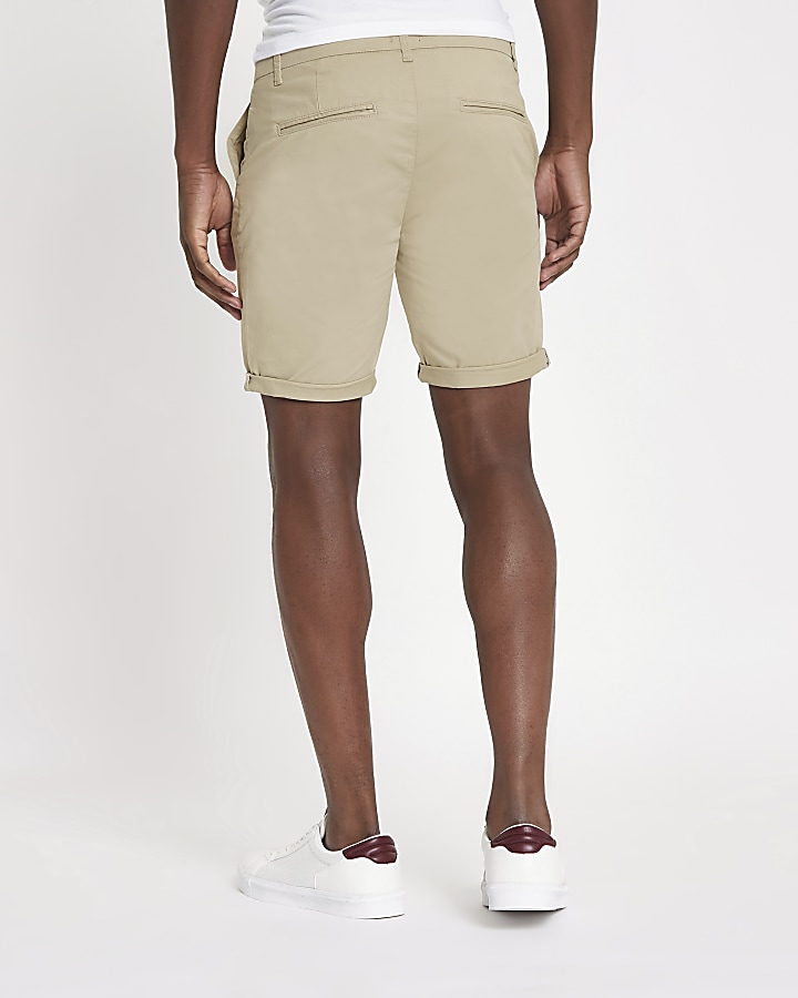 Light brown turn-up hem skinny fit shorts
